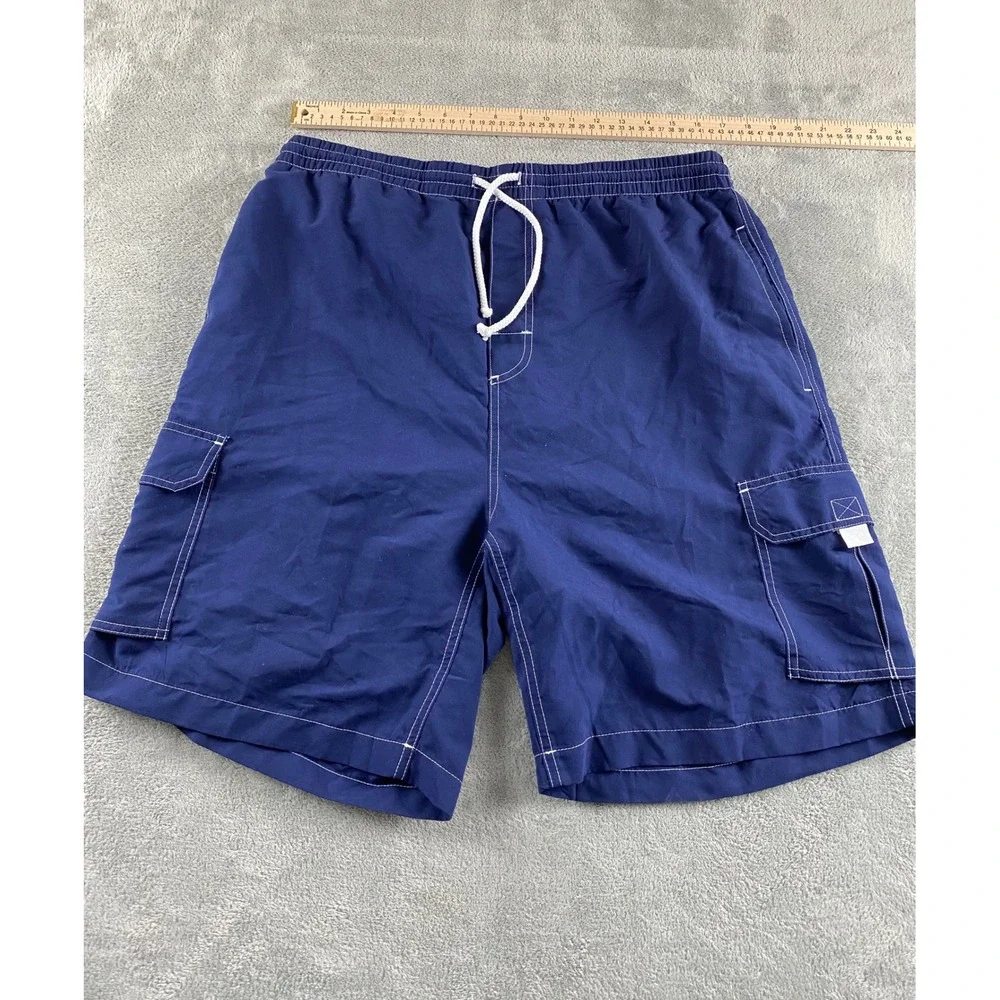 Surf Ave Mens XL Navy Blue Cargo‎ Swim Trunks Mesh Lined Contrast Stitch Shorts